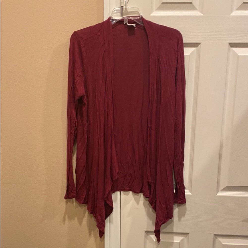 Essentials by Full Tilt burgundy rayon open front draped cardigan
